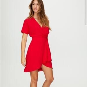 Babaton Aritzia Wallace Red Short Sleeve Tie Mini Wrap Dress, Size XXS